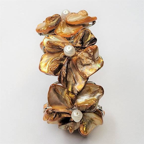 Orange Adjustable Cuff Bracelet with with Dyed Shell Petals & Pearls Bangle - Picture 6 of 15